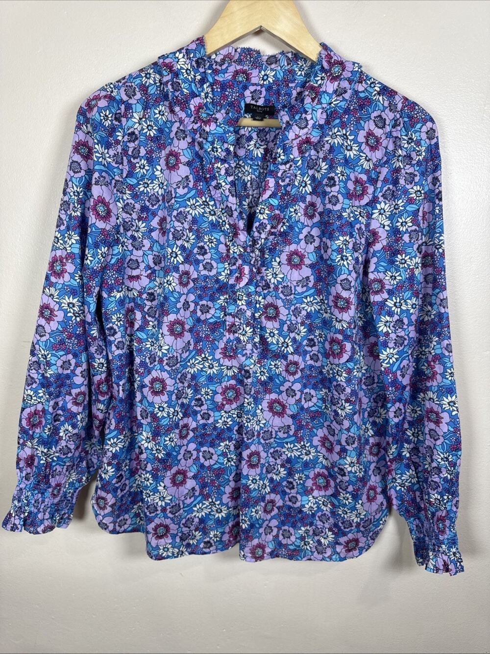 Talbots Womens Blouse Shirt L P Floral Cotton Preppy Coastal Beach 100% Cotton
